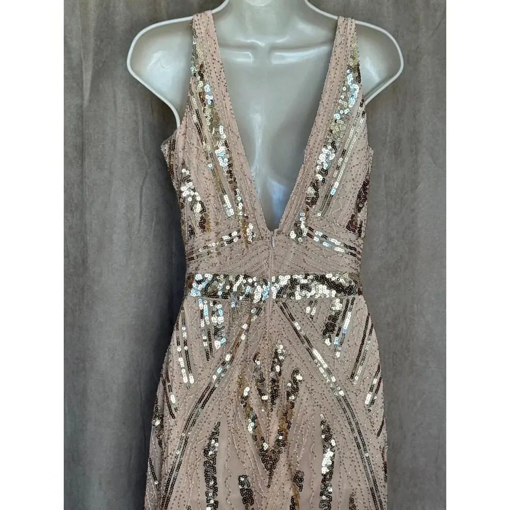 Unique Vintage Blush Pink Sequin Fringe V Neck Flapper Dress M NWOT - Picture 6 of 8